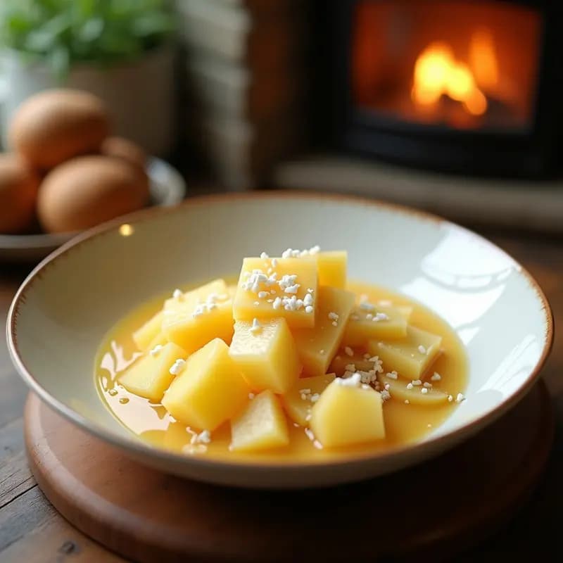 Postre filipino en capa de dulce de leche vegano dorado con trozos de piña caramelizada y coco rallado tostado, servido en un bol de cerámica blanca sobre fondo de madera oscura.