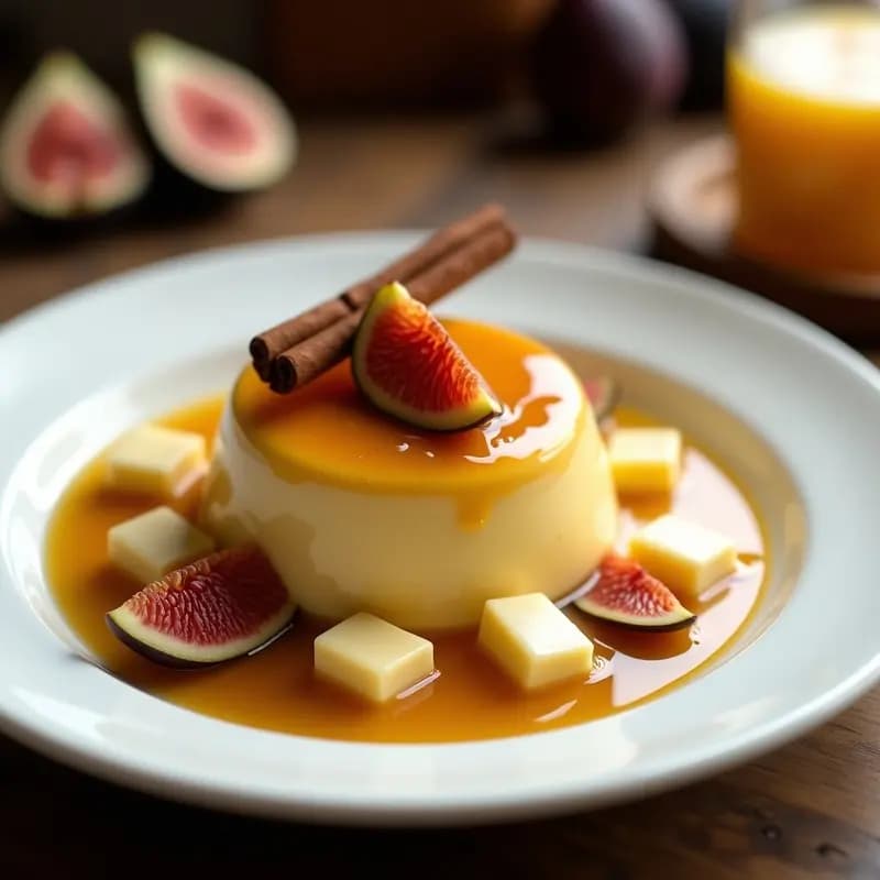 Plato de cerámica blanca con dulce de leche cortada cremoso, cubos de queso de burro andino y láminas de higo fresco, decorado con miel de abeja y una ramita de canela, postre venezolano tradicional.