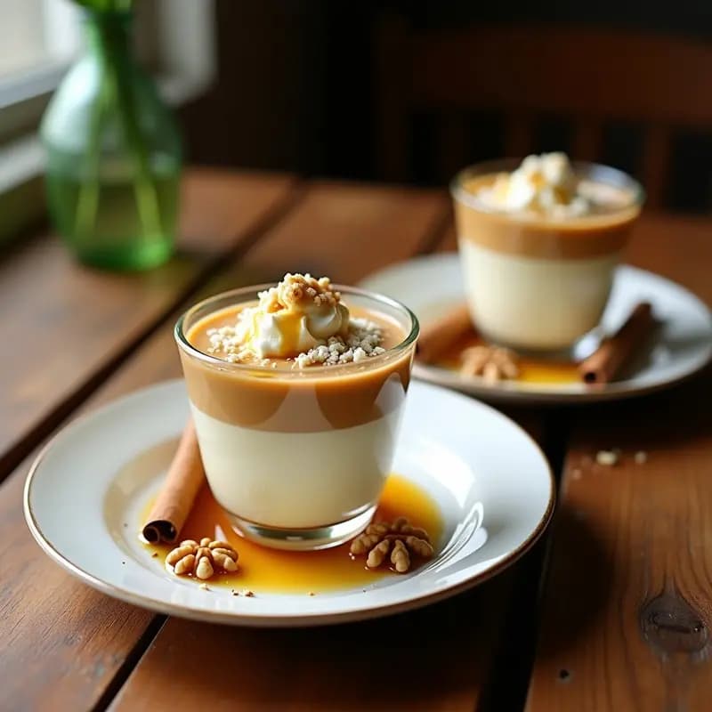 Copa de cristal transparente con capas de dulce de leche cortada cremosa y queso fresco desmenuzado, coronado con un hilo dorado de miel de agave espesada con semillas de chía. Fondo rústico con hojas de stevia y una cucharita de madera. Postre colombiano sin azúcar refinado.
