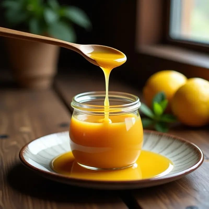 Frasco de vidrio transparente lleno de dulce de leche dorado con trocitos visibles de cáscara de limón confitada, servido en una cuchara de madera sobre fondo rústico de madera oscura. Postre argentino con toque ácido.