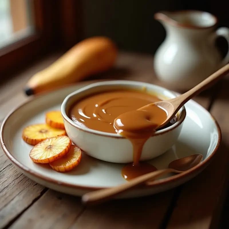 Recipiente de cerámica blanca con dulce de leche en polvo vegano de color caramelo oscuro, acompañado de rodajas de plátano macho asado y una cucharita de madera. Postre colombiano sin lácteos sobre fondo rústico de madera.