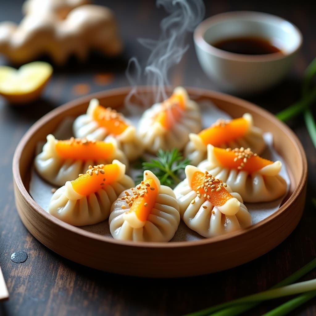 Dumplings de calabaza y jengibre al vapor, receta china sin gluten, servidos en una vaporera de bambú sobre una mesa de madera con salsa de tamari y cilantro fresco.