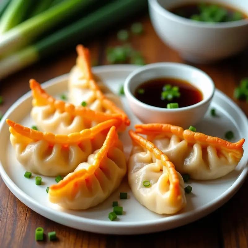 Dumplings taiwaneses dorados y crujientes de camarón y cebollino servidos en un plato de cerámica blanca, acompañados de una salsa oscura de soja con miel y decorados con cebollino fresco picado.