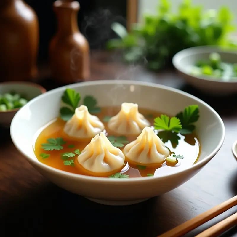 Cuenco de porcelana blanca con dumplings de camarón y cilantro sumergidos en un caldo dorado de jengibre, decorados con semillas de sésamo y hojas de cilantro fresco, receta china ligera y sabrosa.