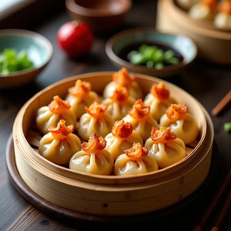 Dumplings de camarón y jengibre dorados y crujientes en una bandeja de bambú, acompañados de salsa de sésamo negro y cebollino picado, receta china en Airfryer.