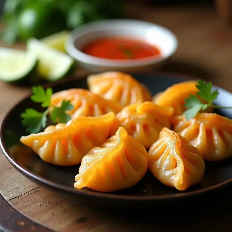 Dumplings tailandeses dorados y crujientes rellenos de camarón y mango, servidos en plato blanco con salsa de chili roja al lado, decorados con cilantro fresco y rodajas de mango.