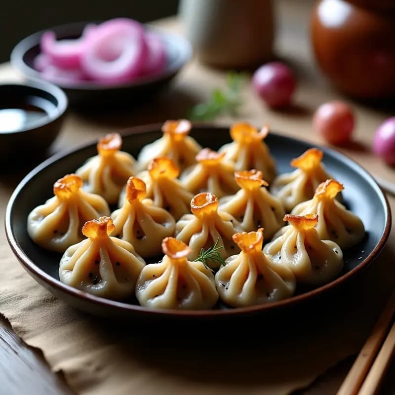 Dumplings dorados y crujientes de camote morado y cebolla caramelizada, servidos en plato de bambú con semillas de sésamo negro y salsa de soja para mojar. Receta vegana de aperitivo chino en airfryer.