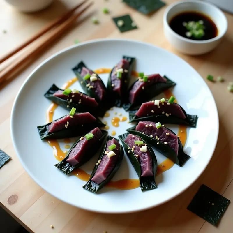 Plato blanco de cerámica con dumplings crudiveganos de camote morado y tofu, dispuestos en círculo con salsa de sésamo cremosa y decoración de cebollino y hojas de nori. Fondo minimalista con toques de color morado y blanco.