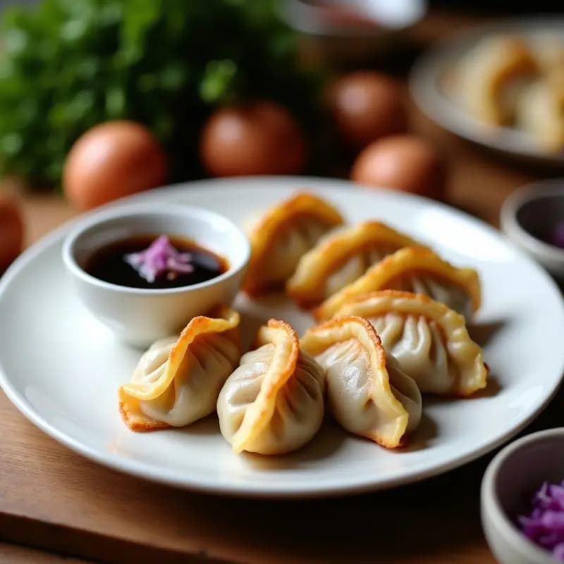 Plato blanco con dumplings de cerdo y repollo morado dorados por la base, cocinados en sartén antiadherente, con una salsa oscura y decoración de cebolla morada picada, receta china tradicional.