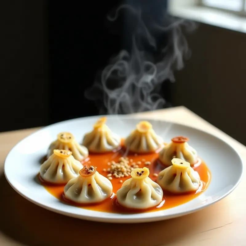 Dumplings chinos de col y zanahoria al vapor dispuestos en una vaporera de bambú, con salsa de sésamo y jengibre en un cuenco pequeño al lado. Decorados con semillas de sésamo y cebolla verdeo.