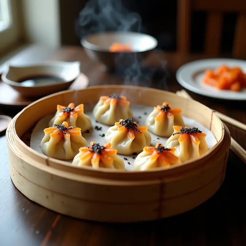 Dumplings coreanos veganos al vapor con relleno de col fermentada y jengibre, servidos en vaporera de bambú con semillas de sésamo y hojas de nori.