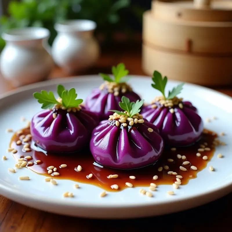 Plato blanco con dumplings al vapor de masa violeta brillante, rellenos de col morada y castañas, servidos con salsa oscura y semillas de sésamo. Decoración minimalista con hojas de cilantro fresco.