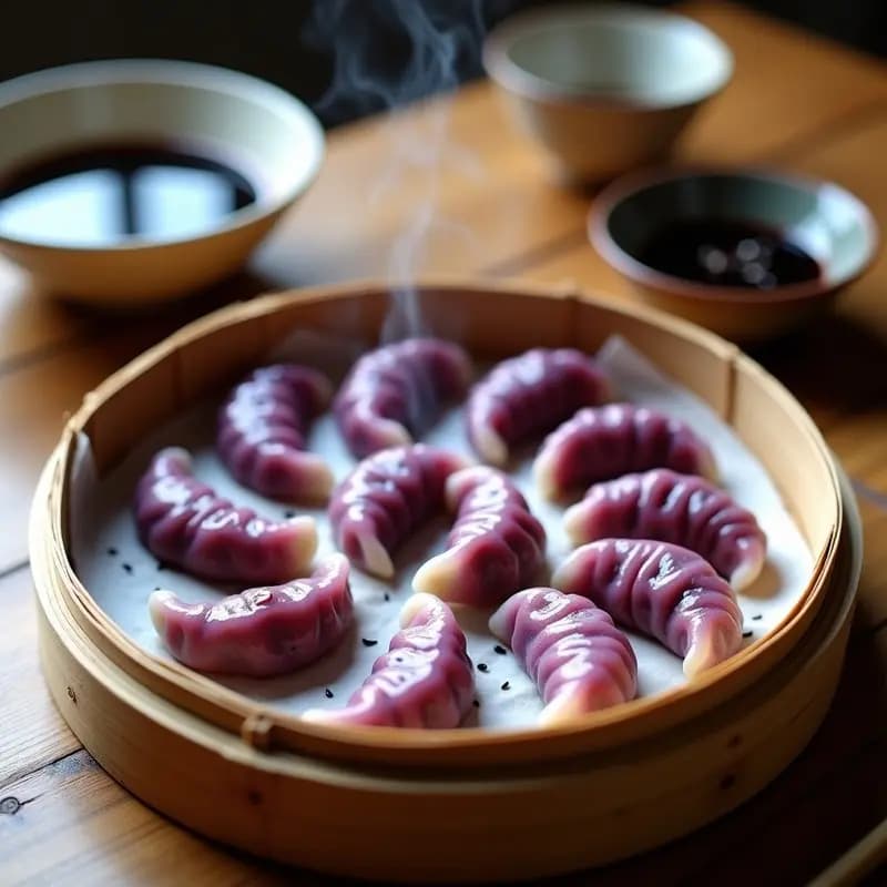 Vaporera de bambú con dumplings japoneses de col morada y shojin ryori al vapor, rellenos de tofu fermentado, hongos enoki y semillas de loto, servidos en plato de cerámica negra con salsa tamari y cebollino fresco.