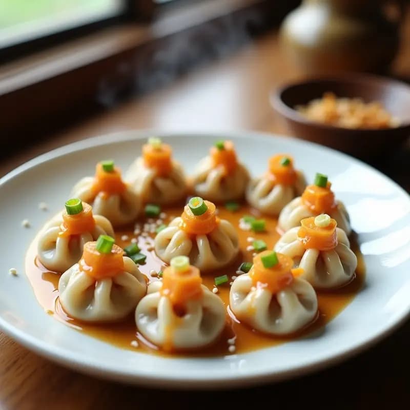 Plato blanco con dumplings coreanos al vapor de kimchi y cerdo, dispuestos en círculo sobre hojas de perilla, acompañados de un bol pequeño con salsa de sésamo espesa y decorados con semillas de sésamo y cebollino picado.