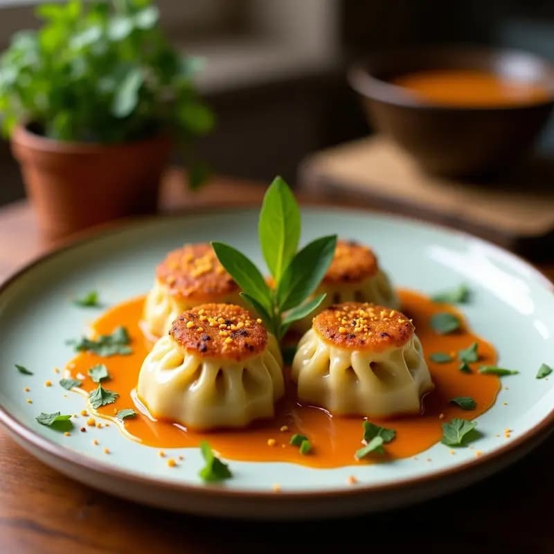 Dumplings dorados y crujientes rebozados al curry rojo tailandés, servidos en un plato blanco con salsa de cacahuete cremosa y decorados con cilantro fresco y rodajas de lima, receta preparada en airfryer.
