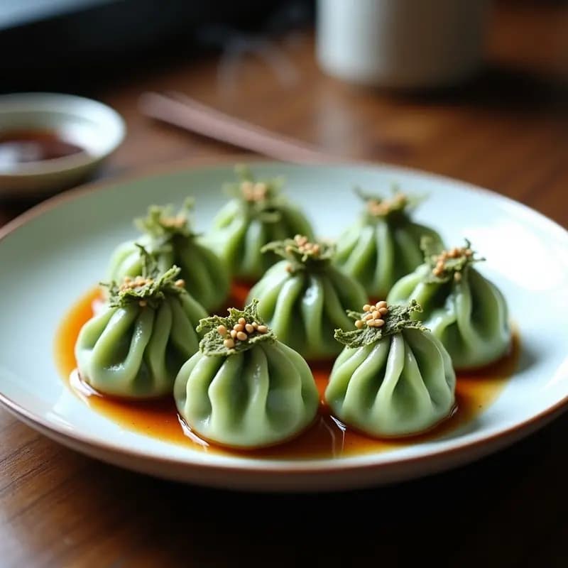Dumplings japoneses de espinaca y tofu al vapor, keto y sin carbohidratos, servidos en un plato de porcelana blanca con salsa tamari y semillas de sésamo tostadas, sobre un fondo de madera oscura.