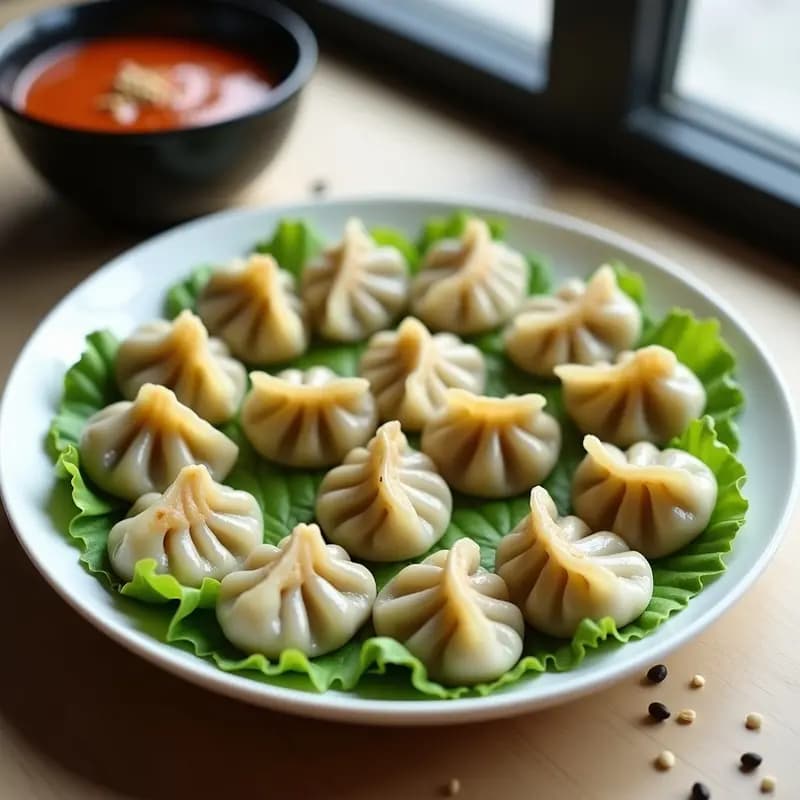 Dumplings de espinacas y queso de cabra con salsa de chile y miel en plato de cerámica blanca, servidos al vapor con semillas de sésamo espolvoreadas y salsa brillante de color ámbar, fondo difuminado con vapor y hierbas frescas.