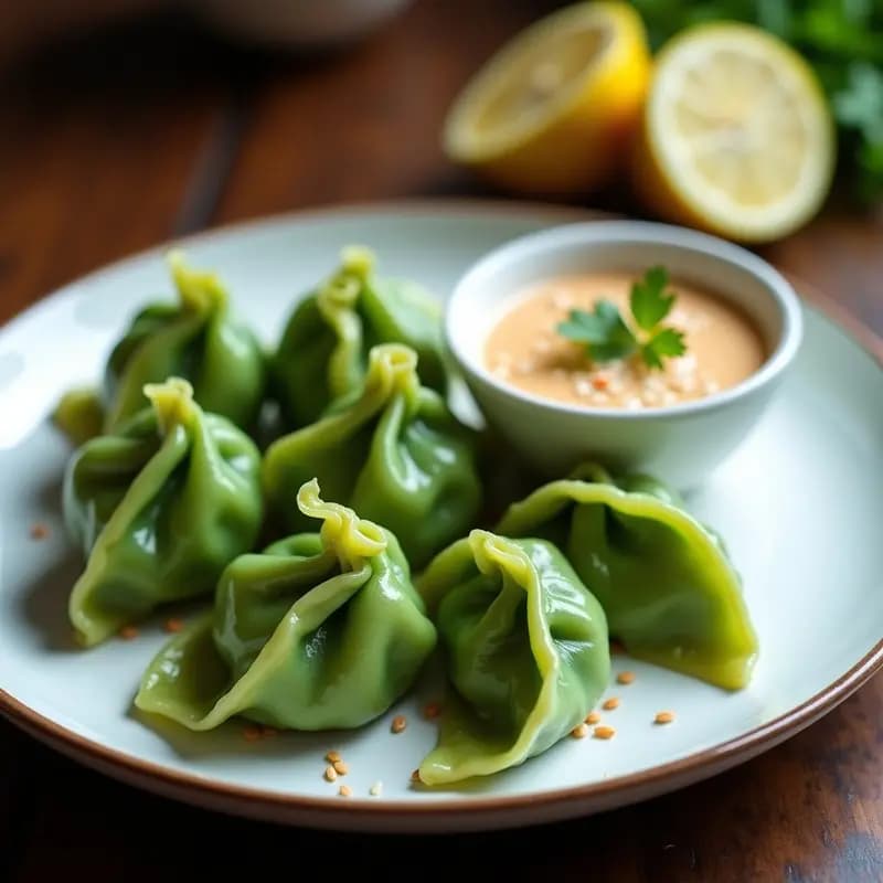 Dumplings de espirulina y camarones dorados en airfryer, dispuestos en un plato blanco con salsa de sésamo y limón al lado, espolvoreados con semillas de sésamo tostadas.
