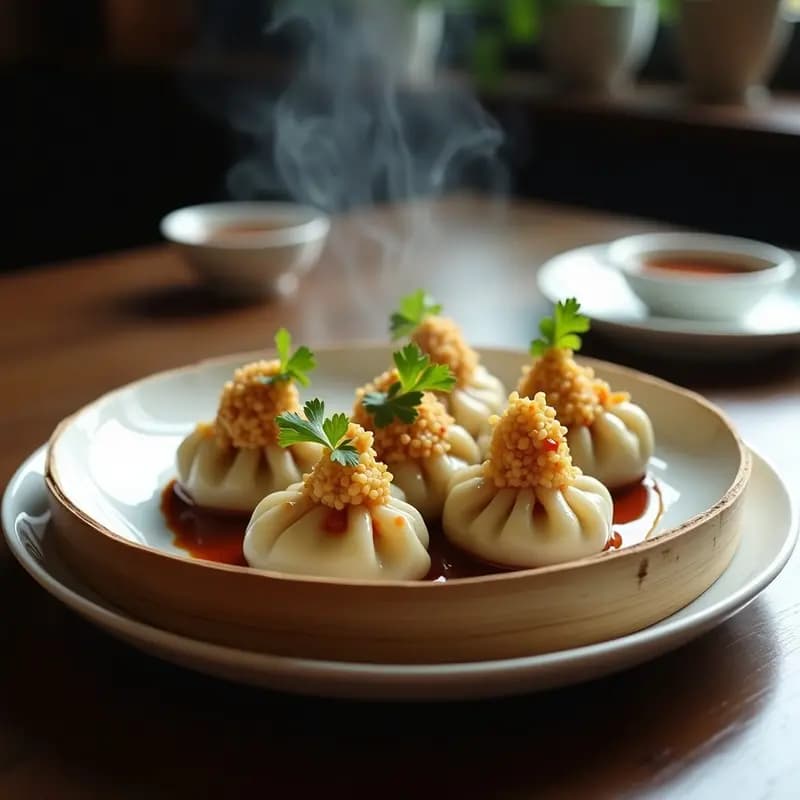 Plato blanco con dumplings de gamitana y cacahuete al vapor, dispuestos sobre hojas de lechuga morada, acompañados de un bol pequeño con salsa hoisin brillante y decorados con cebollino picado.