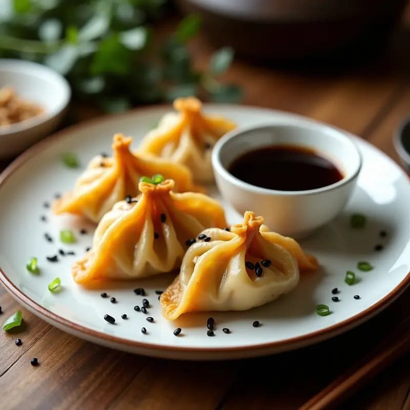 Dumplings dorados y crujientes de hongos portobello y jengibre en airfryer, con pliegues decorativos, espolvoreados con semillas de sésamo negro y cebollino picado, servidos en plato de cerámica blanca con salsa oscura al lado.