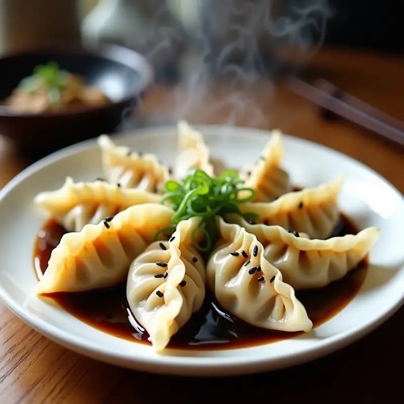Dumplings japoneses veganos al vapor con relleno de hongos shiitake y repollo, servidos en una vaporera de bambú sobre un plato de cerámica negra, acompañados de salsa de tamari y semillas de sésamo.
