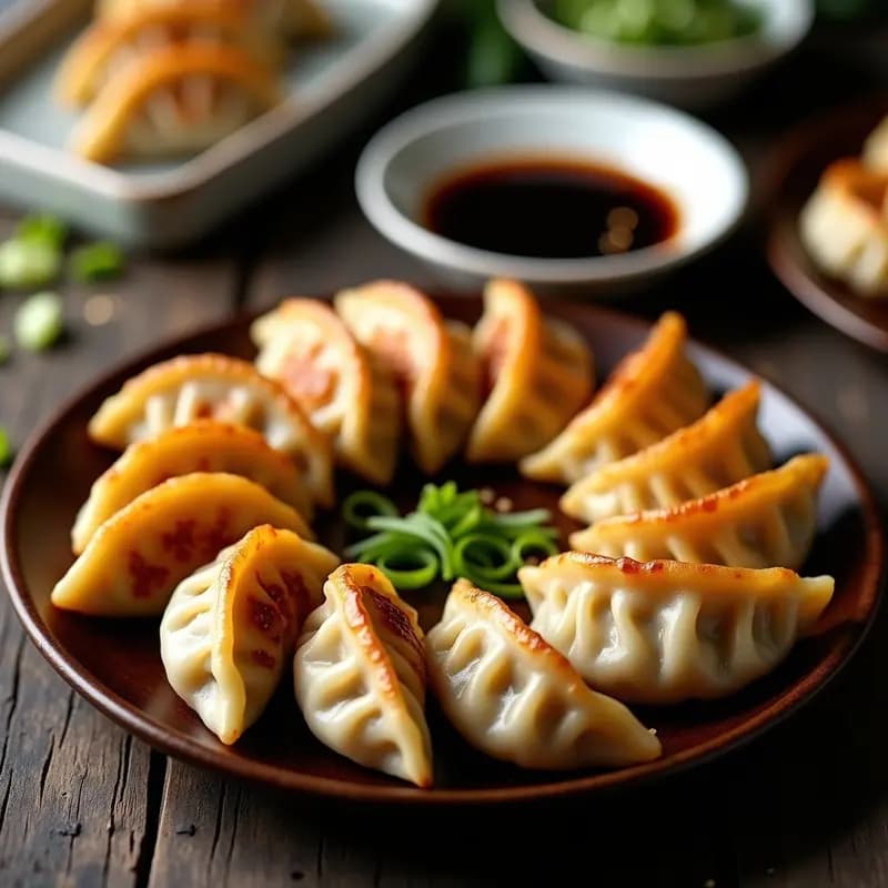 Dumplings japoneses dorados y crujientes en airfryer, rellenos de cerdo y repollo, servidos sobre un plato de madera con salsa soja y rodajas de cebolla verde, receta tradicional japonesa adaptada a cocina saludable.