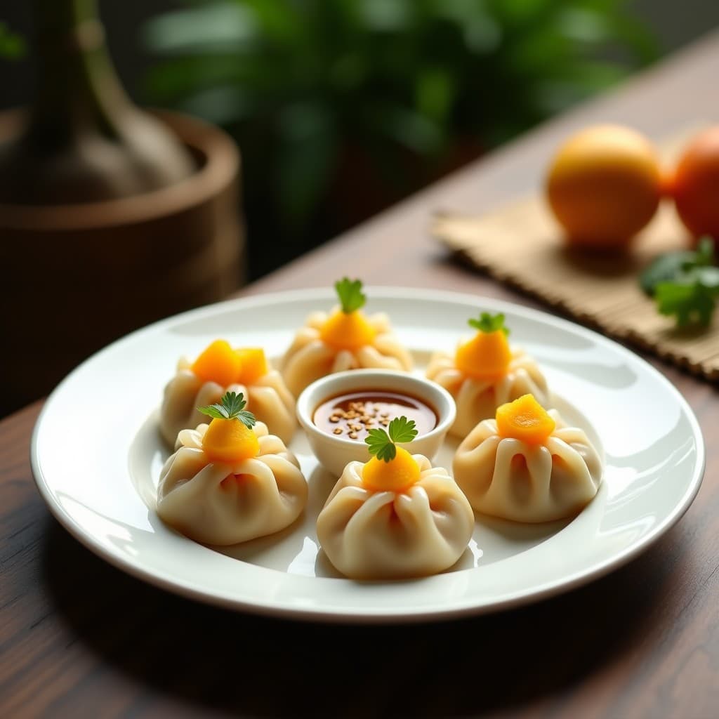 Plato blanco con dumplings tailandeses al vapor rellenos de mango y tofu, servidos con salsa de tamarindo espesa y decorados con semillas de sésamo y hojas de cilantro fresco.