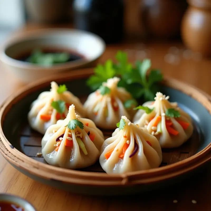Dumplings chinos al vapor de repollo y zanahoria dispuestos en una vaporera de bambú, con salsa de soja y jengibre en un cuenco aparte, espolvoreados con semillas de sésamo y cilantro fresco.