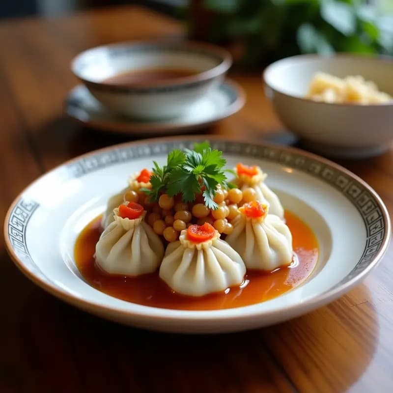 Dumplings de shirataki con papel de arroz transparente, rellenos de tofu y champiñones, bañados en salsa teriyaki de kokum oscura y brillante, decorados con semillas de sésamo y cebollino picado sobre un plato negro.