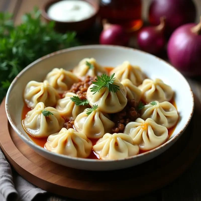 Plato hondo de cerámica blanca con dumplings siberianos dorados rellenos de carne de res y cebolla caramelizada, bañados en un caldo ligero. Acompañados de crema agria y eneldo fresco picado, sobre un mantel de lino rústico.