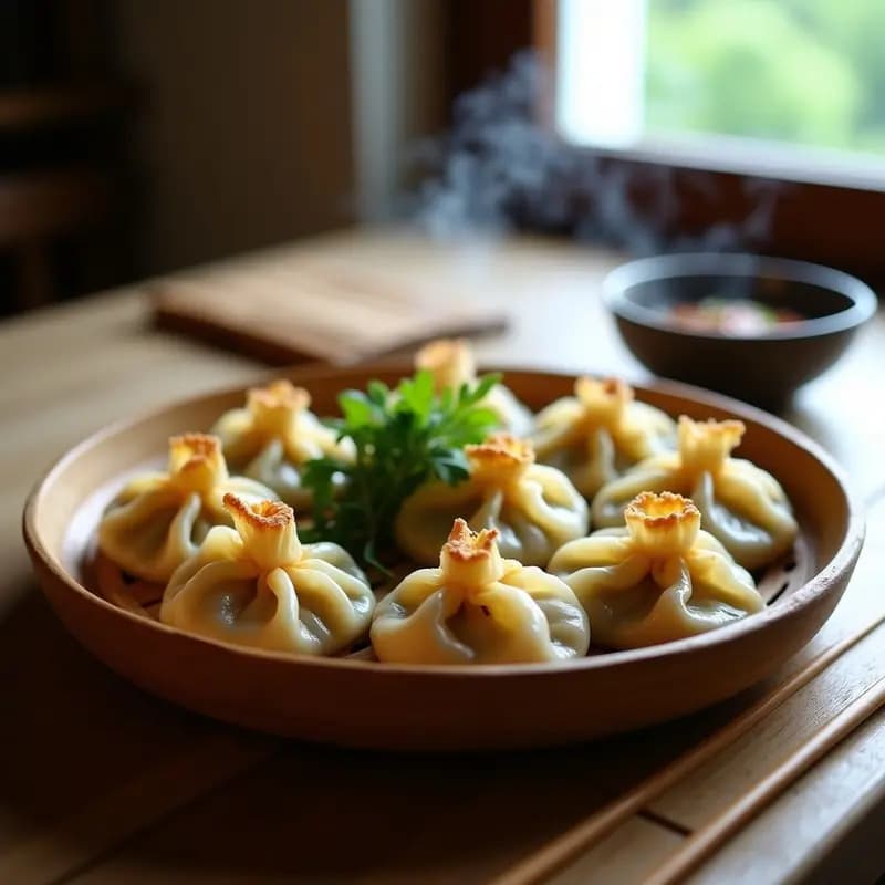Plato de bambú con dumplings tibetanos de yak y ebollition al vapor, masa oscura de cebada negra y relleno jugoso, servidos sobre hojas de lotus con salsa de soja y aceite de sésamo.