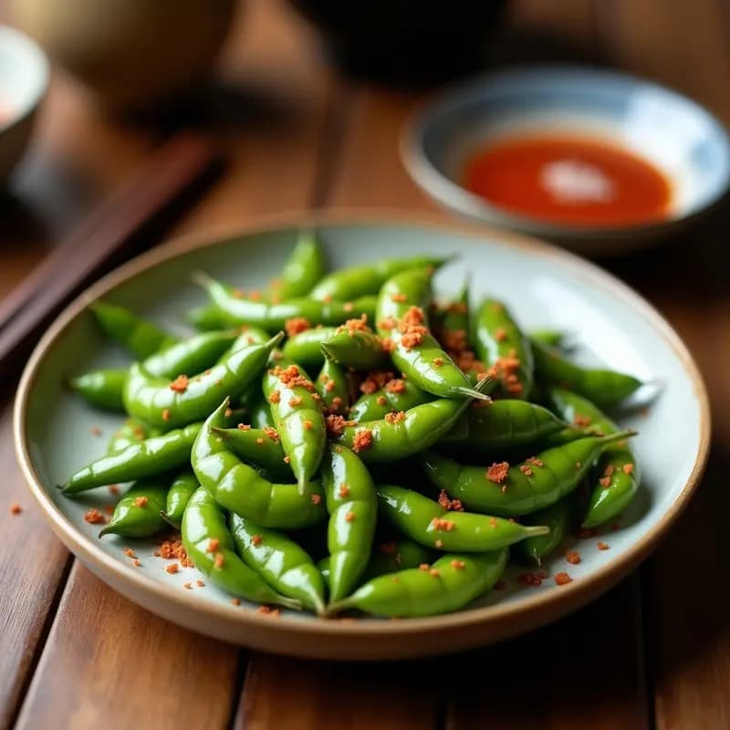 Bandeja de horno con edamame dorado y crujiente, espolvoreado con sal marina gruesa, chile en polvo ahumado y semillas de sésamo tostadas. Aperitivo japonés bajo en calorías con textura crujiente y color vibrante.