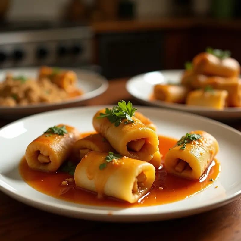 Plato blanco con egg rolls dorados y crujientes cortados en diagonal, rellenos de col y zanahoria, acompañados de un bol pequeño con salsa de soja dulce espesa y semillas de sésamo tostadas espolvoreadas.