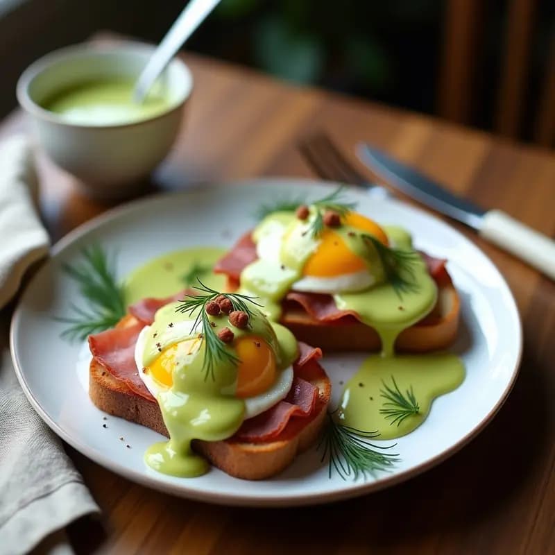 Plato de Eggs Benedict con pan de centeno tostado sin gluten, huevo pochado con yema líquida, jamón serrano y salsa holandesa de aguacate cremosa. Decorado con perejil fresco y pimienta blanca, servido en vajilla blanca sobre fondo rústico de madera.