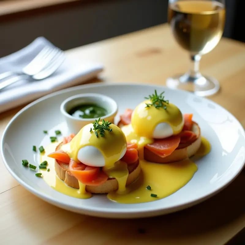 Plato de Eggs Benedict japonés con huevo pochado, salmón ahumado rosado y salsa holandesa cremosa con wasabi, sobre pan brioche dorado. Decorado con sésamo negro y cebollino fresco, servido en vajilla blanca sobre fondo de madera clara.