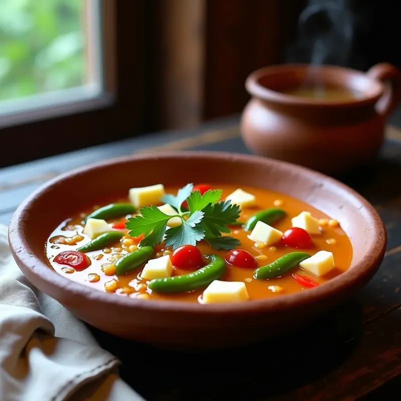 Plato tradicional butanés de Ema Datshi con queso Yak derretido y rodajas de chile verde, servido en un bol de barro con fondo de salsa de tomate y cilantro fresco, receta picante y cremosa.