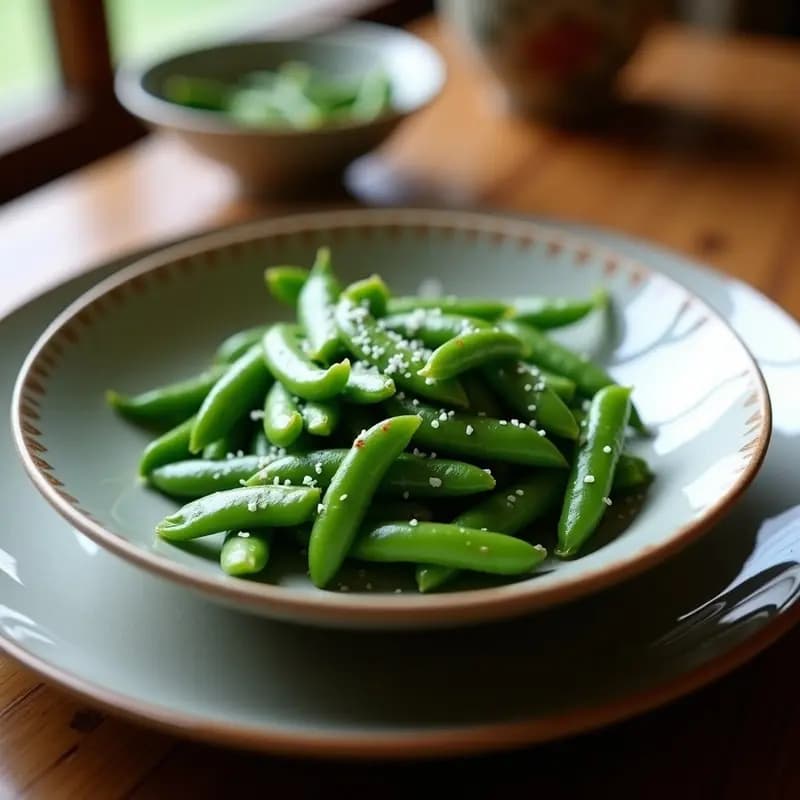 Plato blanco con Emadame de guisantes tiernos dorados en Airfryer, espolvoreados con alga nori en copos y semillas de sésamo tostadas, sobre fondo de madera rústica. Aperitivo japonés crujiente y sin gluten.