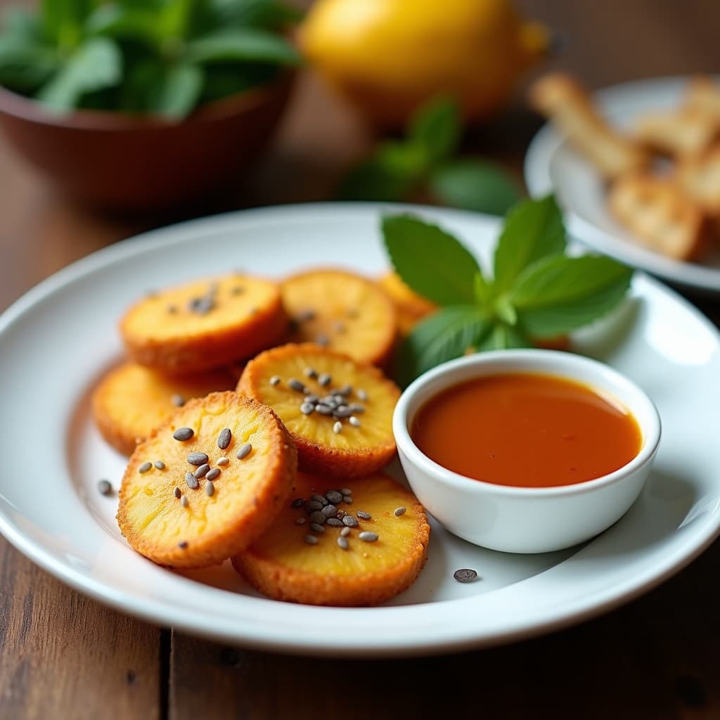 Plato blanco con emandas doradas de plátano macho y semillas de chía, servidas con salsa de tamarindo espesa y brillante, decoradas con chía espolvoreada y hojas de menta fresca.