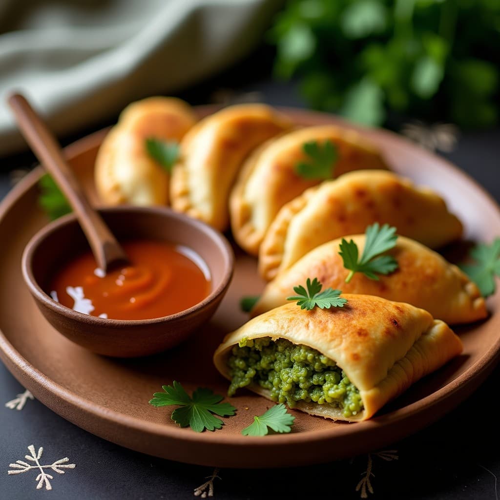 Empanadas doradas de yuca rellenas de moringa y tofu, servidas en un plato de madera con salsa de tamarindo espesa y cilantro fresco, receta colombiana vegana en olla express.