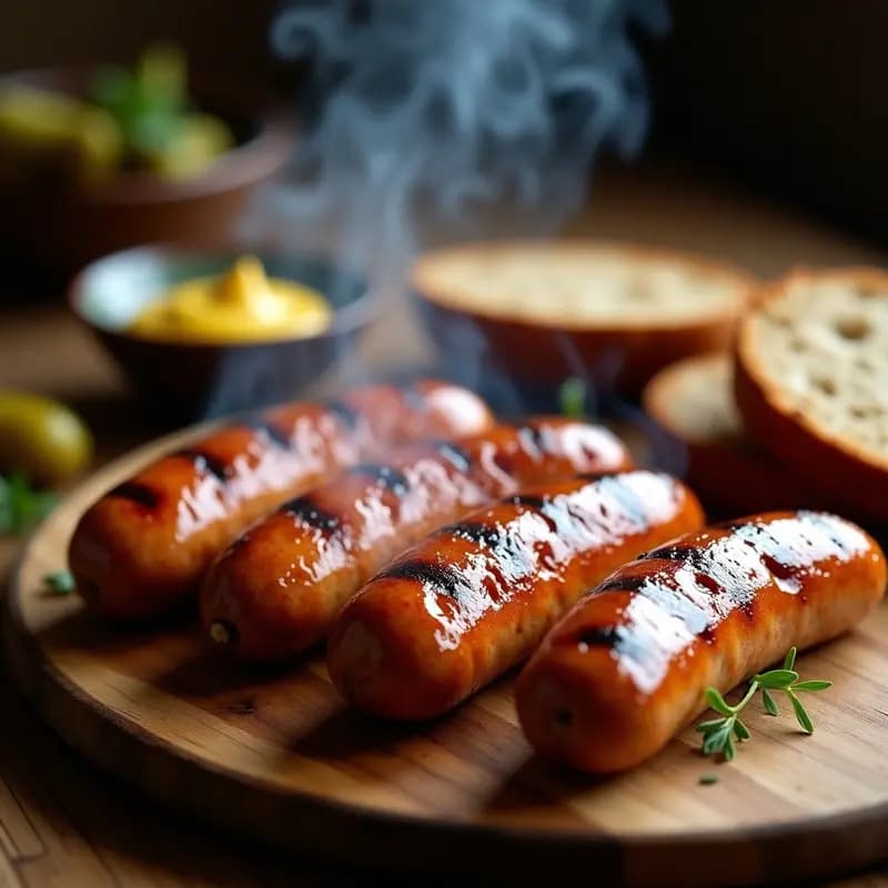 Salchichas veganas alemanas de avena y lentejas doradas en parrilla, con marcas de grill, sobre fondo de madera rústica y acompañadas de mostaza y pan de centeno.