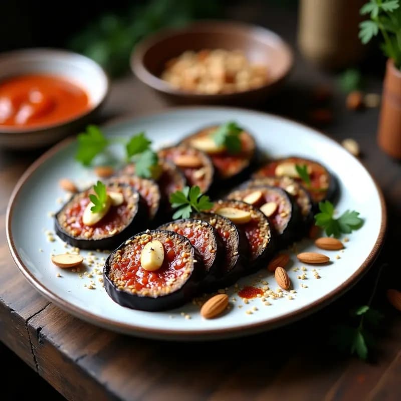 Plato blanco rústico con embutidos de berenjena ahumada cortados en tiras, decorados con almendras fileteadas, sésamo y perejil fresco. Receta vegana sin cocinar con especias marroquíes.