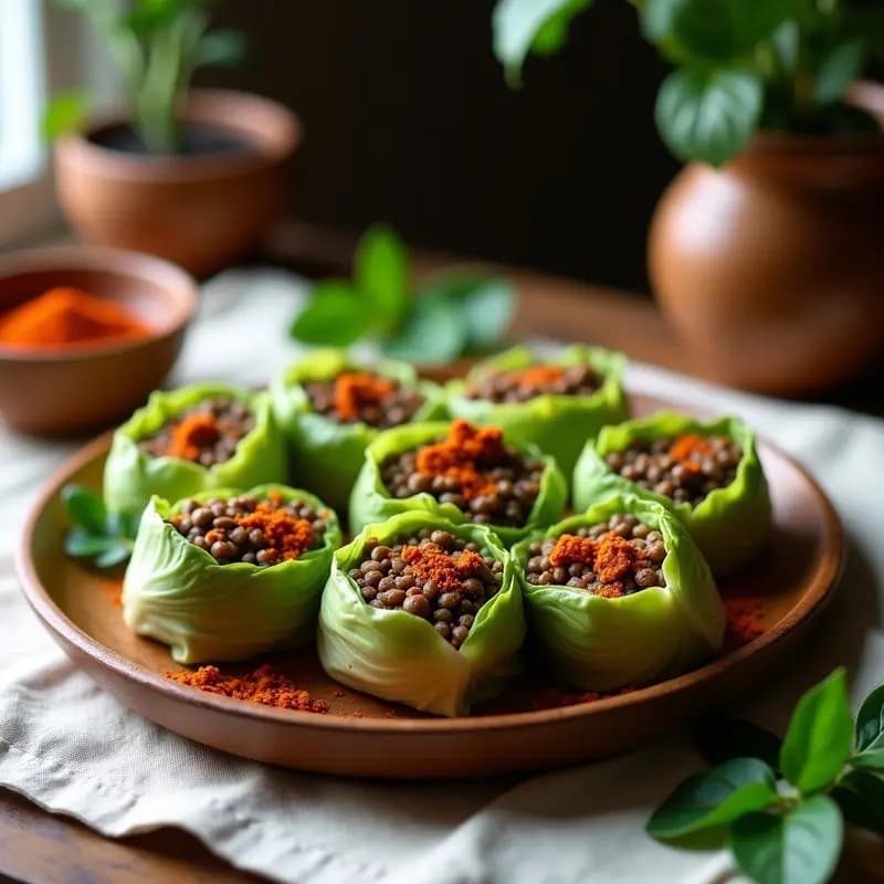 Rollitos de hojas de col verdes rellenos de una mezcla oscura de lentejas y especias, dispuestos en un plato de madera rústico con un toque de pimentón ahumado espolvoreado por encima. Receta vegana de embutidos de lentejas y pimentón en hojas de col.