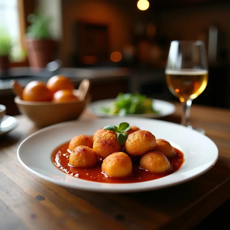 Olla de barro con embutidos en salsa de sidra asturiana, chorizo y morcilla cortados en rodajas gruesas bañados en una salsa espesa y dorada, acompañados de pan rústico y hoja de laurel como decoración.