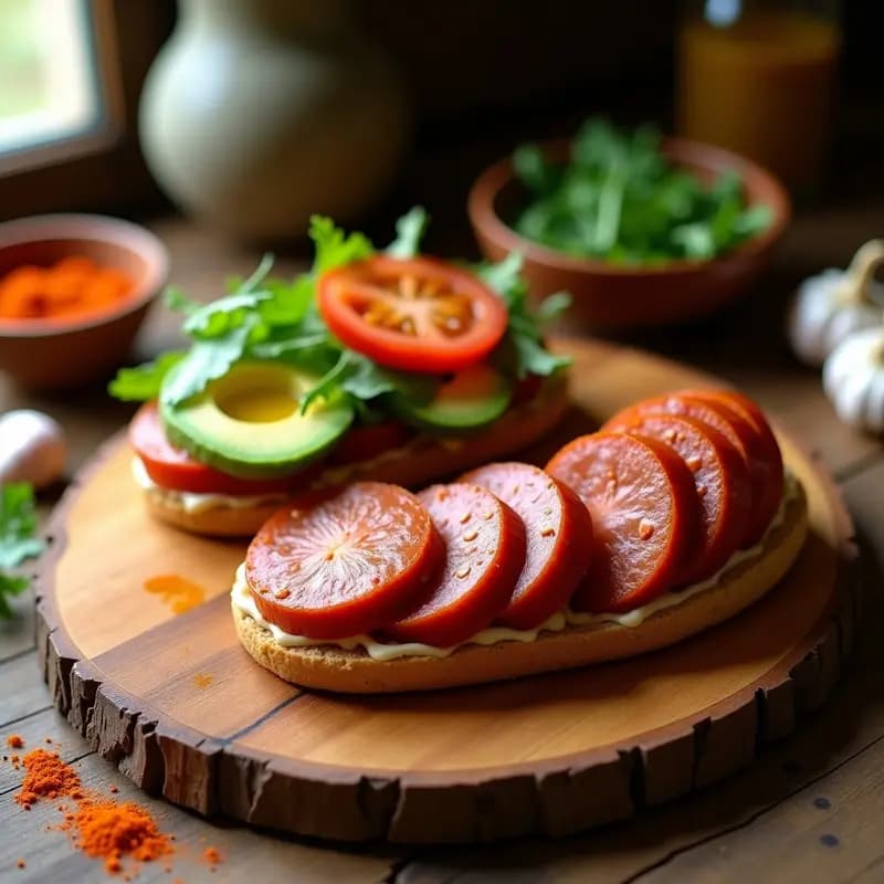Rodajas finas de embutidos veganos de soja ahumada y pimentón, con un acabado dorado y textura compacta, dispuestas sobre una tabla de madera rústica junto a un sandwich abierto con pan integral, aguacate y tomate. Receta española vegana alta en proteína.