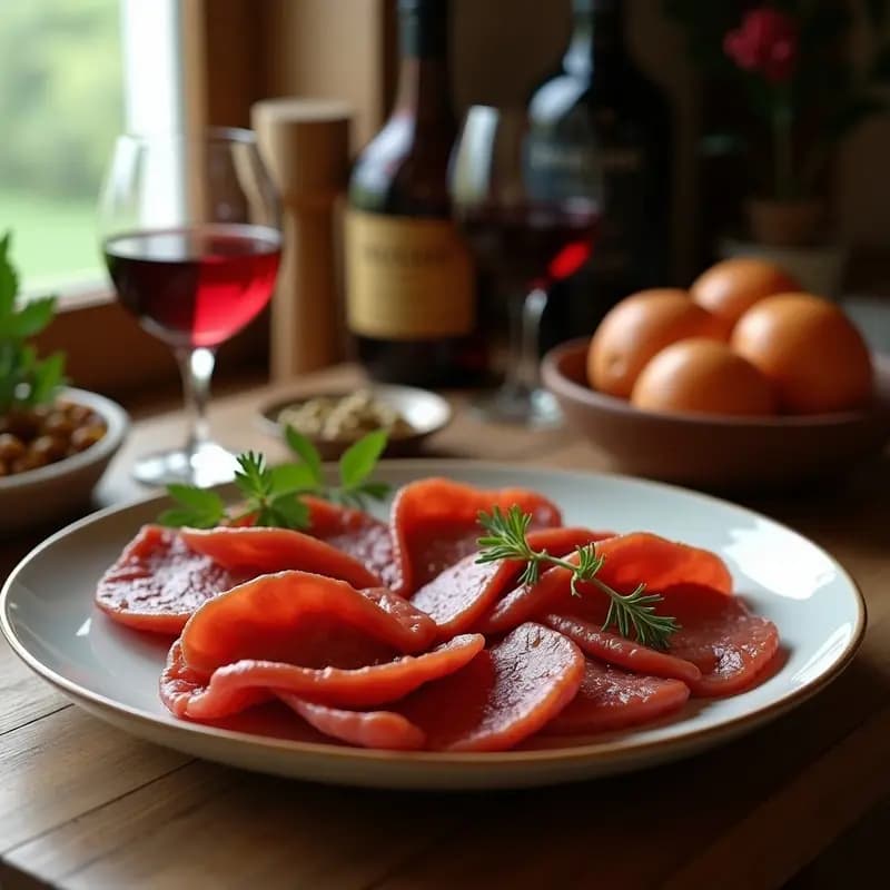 Sartén de hierro con rodajas de chorizo y salchichón doradas, bañadas en una salsa brillante de vino tinto y miel, acompañadas de cebolla morada y romero fresco. Tapa caliente española sofisticada y lista para servir.