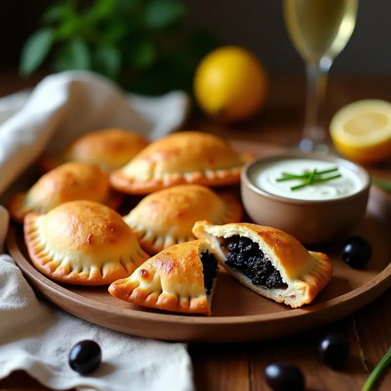 Empadas de palmito con crema de aceitunas negras, aperitivo brasileño vegano en airfryer, doradas y crujientes con relleno cremoso, servidas en bandeja de madera con perejil fresco.