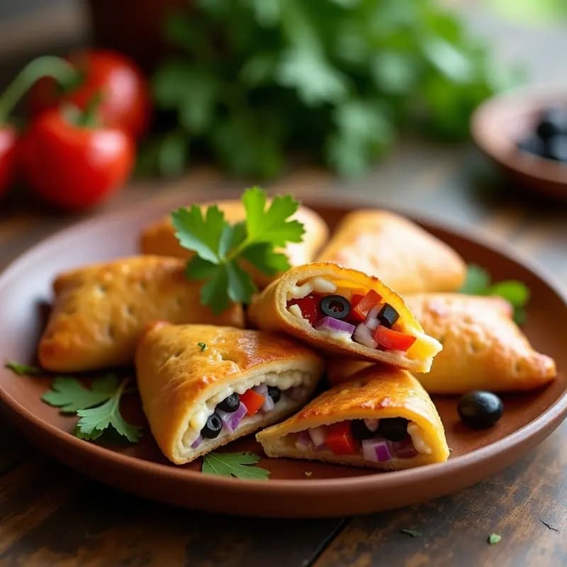 Empadas de palmito pupunha doradas y crujientes, rellenas de una mezcla cremosa de palmito, cebolla morada y especias, dispuestas en una bandeja de madera rústica con hojas de cilantro fresco. Receta brasileña vegana y sin gluten cocinada en airfryer.