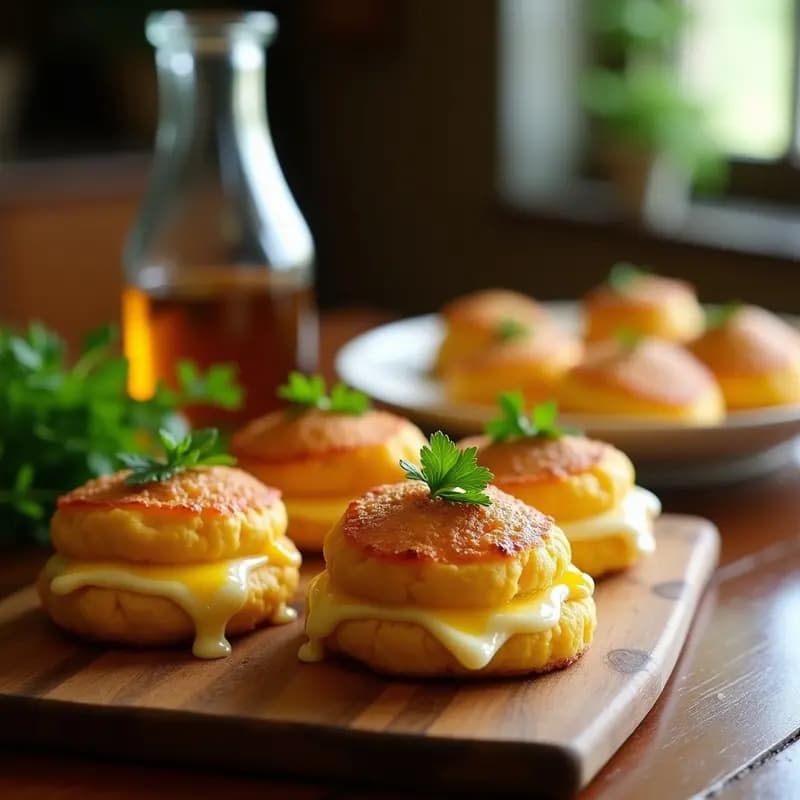 Empadas brasileras doradas y crujientes rellenas de queso fundido y corazón de palmito, servidas en bandeja de madera con hierbas frescas.