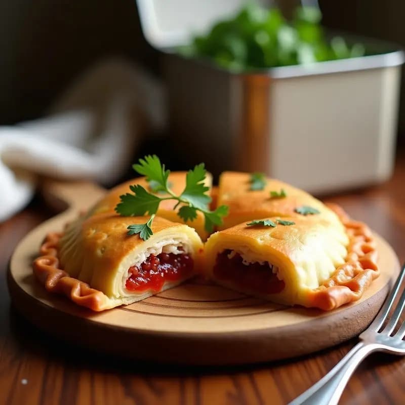 Empanada canaria dorada y crujiente cortada en porciones, rellena de bonito desmenuzado y pimiento choricero, sobre una bandeja de madera rústica con un tupper de fondo.