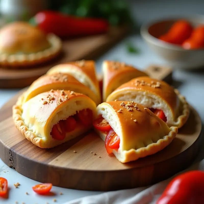 Empanada vasca dorada y crujiente rellena de bonito del norte y pimiento del piquillo, cortada en porciones y lista para llevar al tupper.